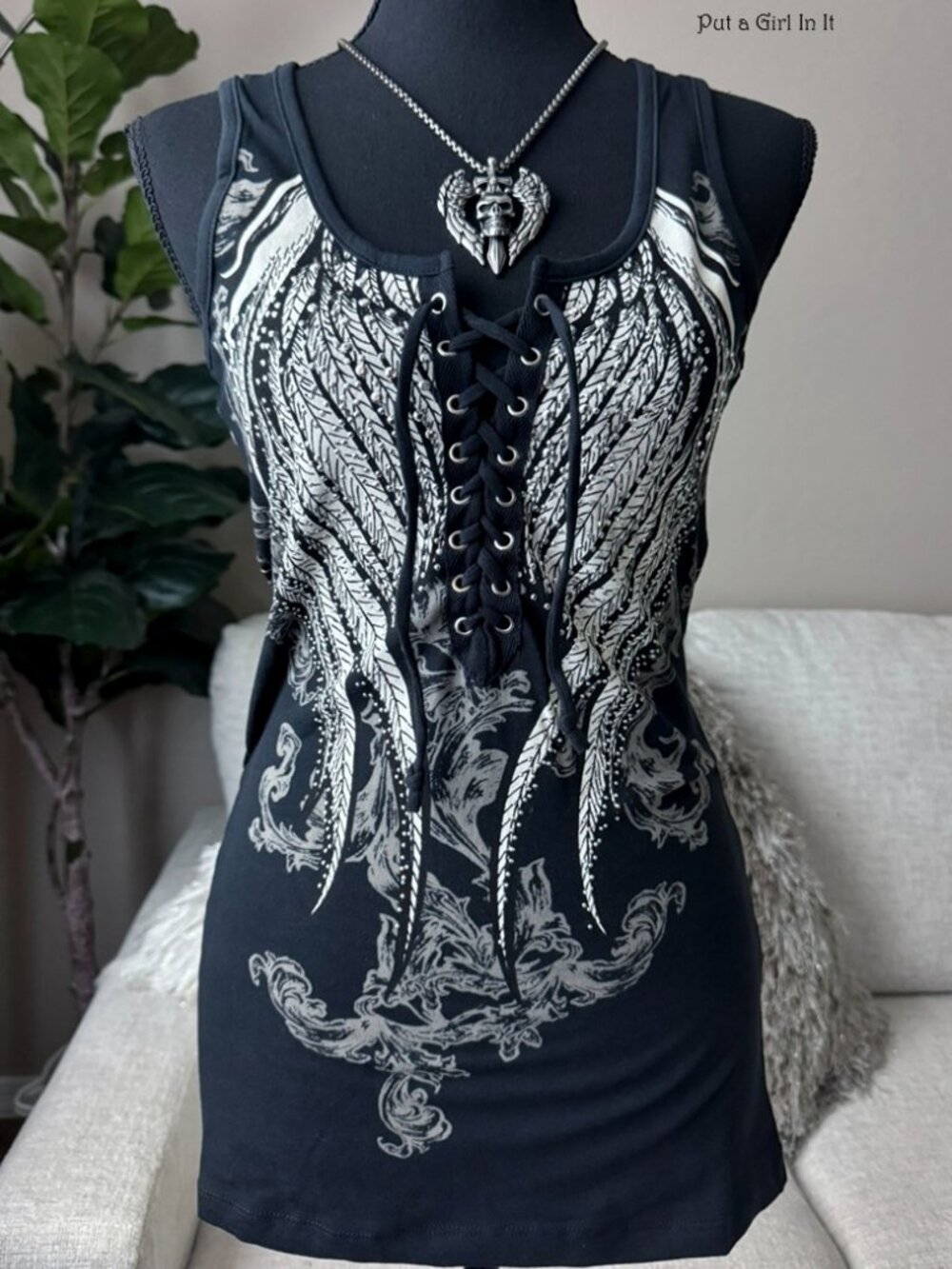 New Women's Crystal Black Angel Wings Lace Up V Biker Tank Top S M L XL 1X 2X 3X
